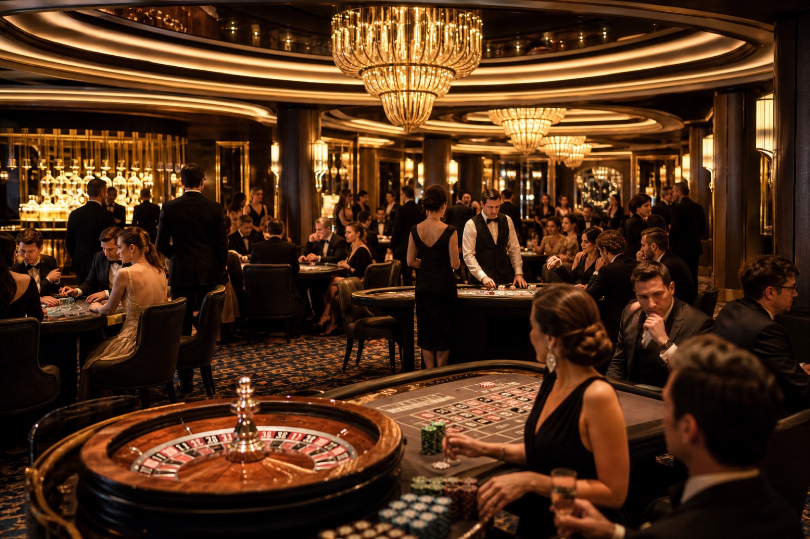 Sophisticated casino floor with table games and golden chandeliers at Marstowin