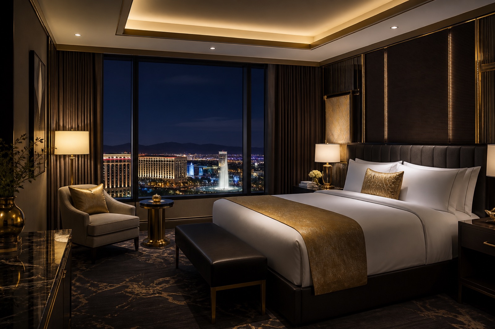 Deluxe king room with plush bedding, warm lighting and a city night view at Marstowin Casino Hotel