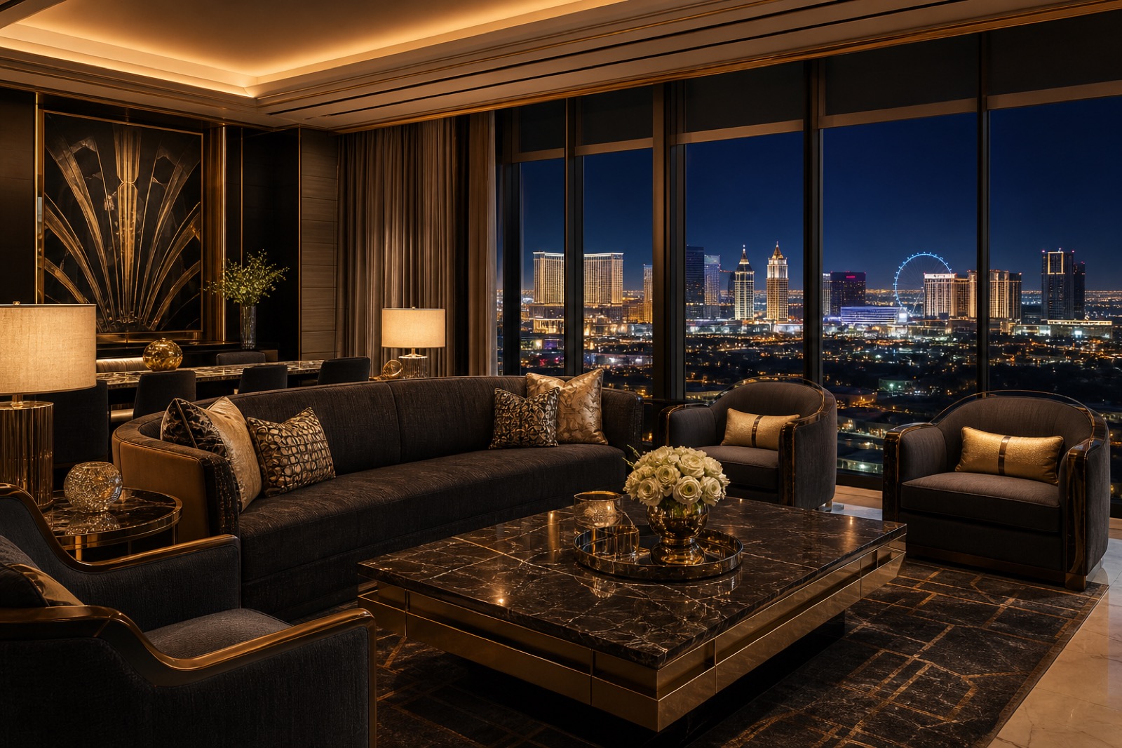Spacious Executive Suite with a marble lounge area and panoramic night skyline windows