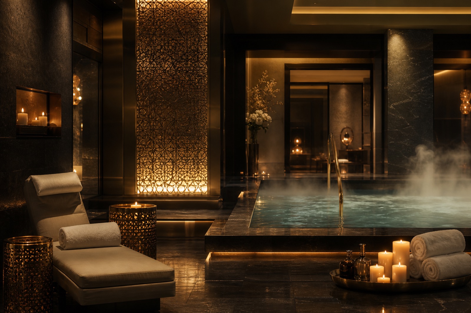 Serene spa with a candlelit relaxation pool and soft warm lighting at Marstowin
